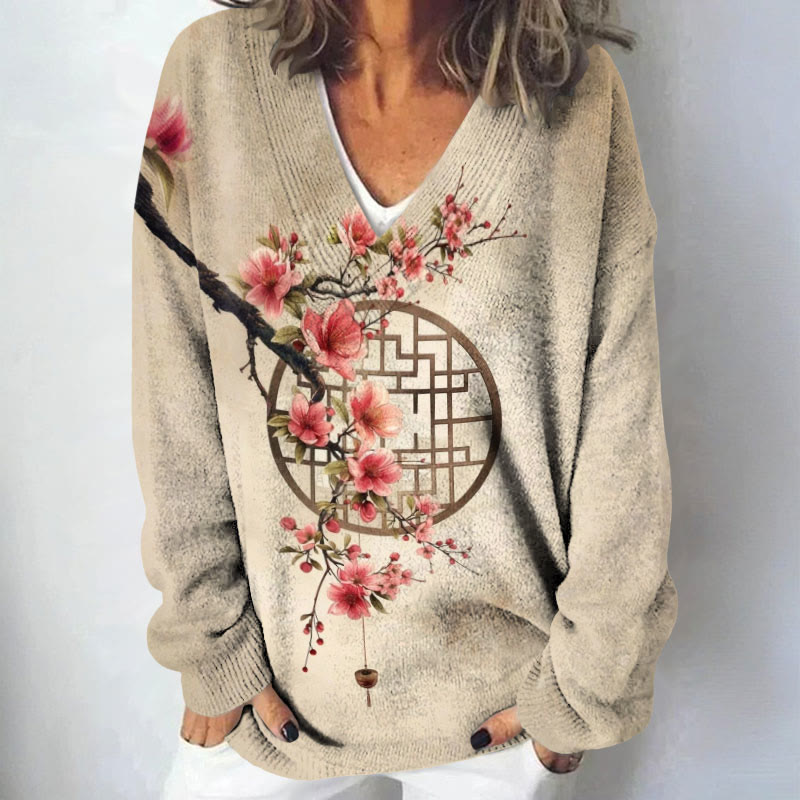 Women's Retro Plum Blossom Art Printed Causal V-neck Pullover Sweater - Apricot - 4XL - image 1