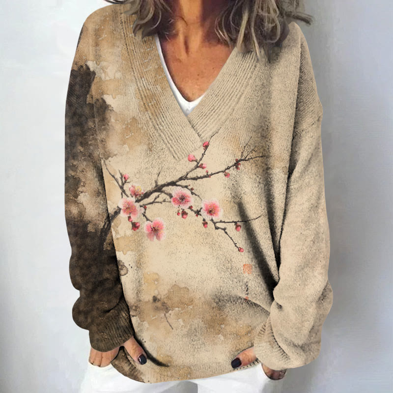 Women's Japanese Retro Pinky Sakura Art Printed Causal V-neck Pullover Sweater - Khaki - 4XL - image 1