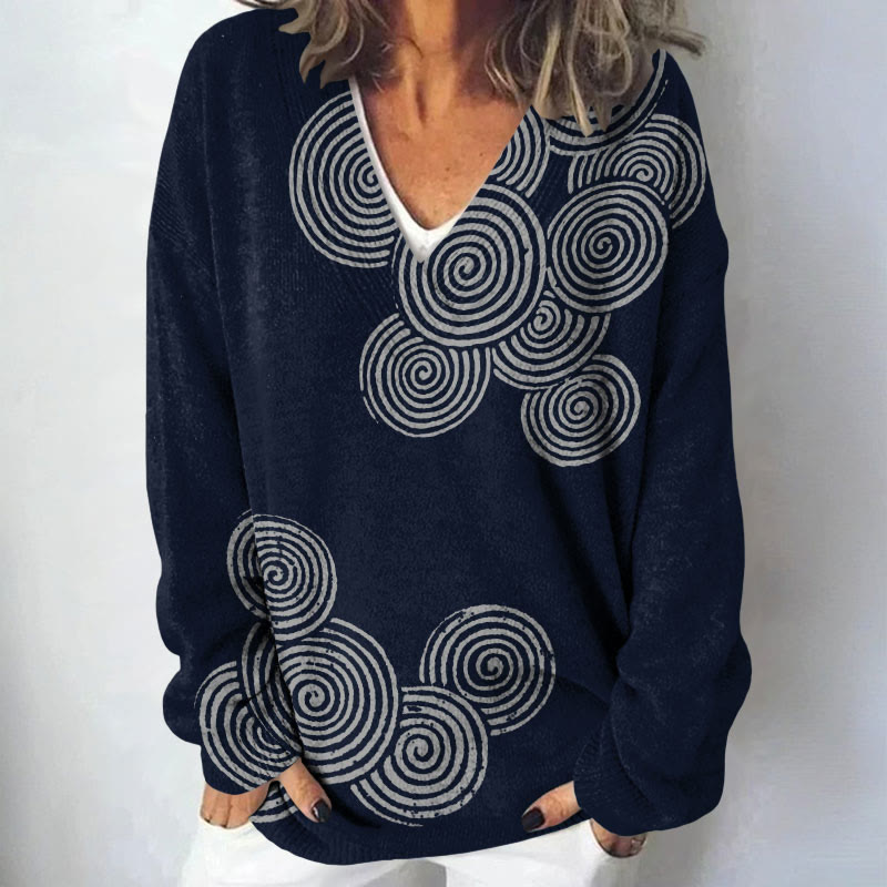 Vintage Fingerprint Shape Art Print Causal V-neck Pullover Sweater - Dark Blue - 4XL - image 1