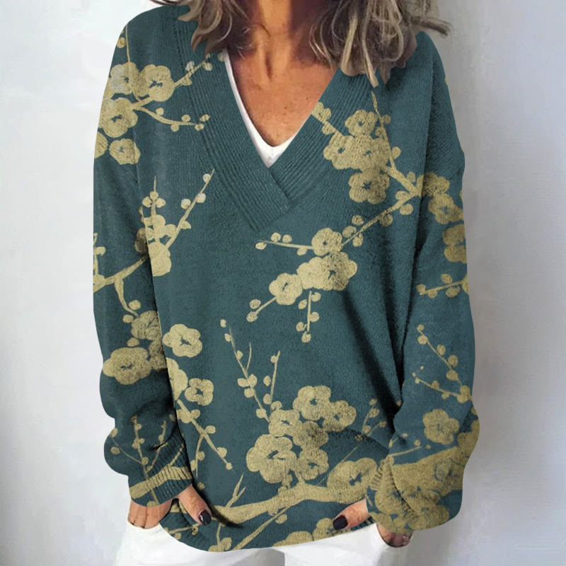 Women's Japanese Floral Art Print Causal V-neck Pullover Sweater - Blue - 4XL - image 1