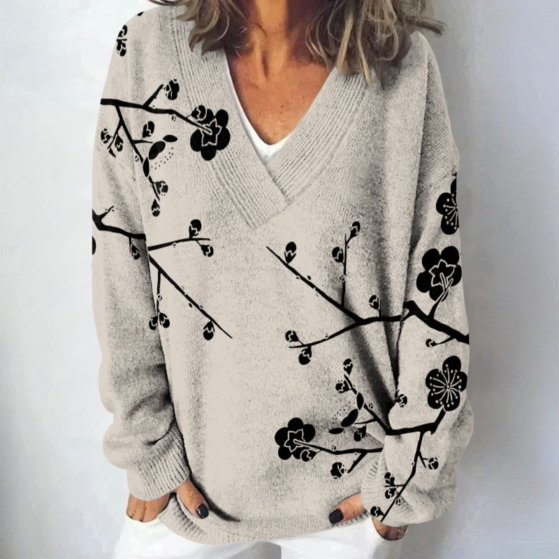 Japanese Women's Sakura Art Ink And Wash Print Causal V-neck Pullover Sweater - Apricot - 4XL - image 1
