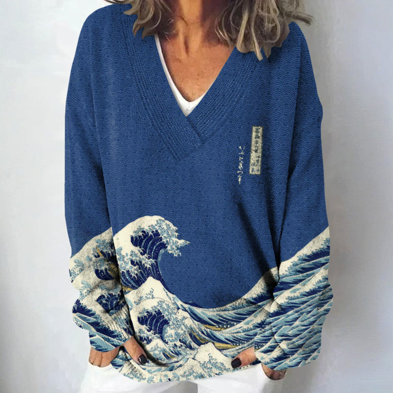 Women's Waves Japanese Art Print Causal V-neck Pullover Sweater - Blue - 4XL - image 1