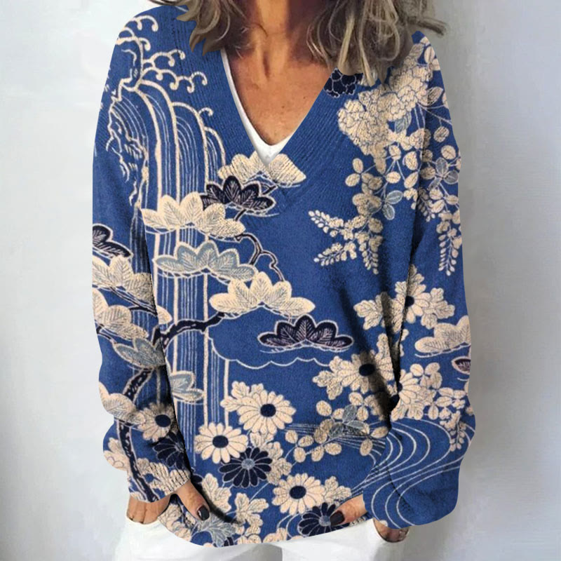 Women's Retro Sketching Floral Art Printed Causal V-neck Pullover Sweater - Dark Blue - 4XL - image 1