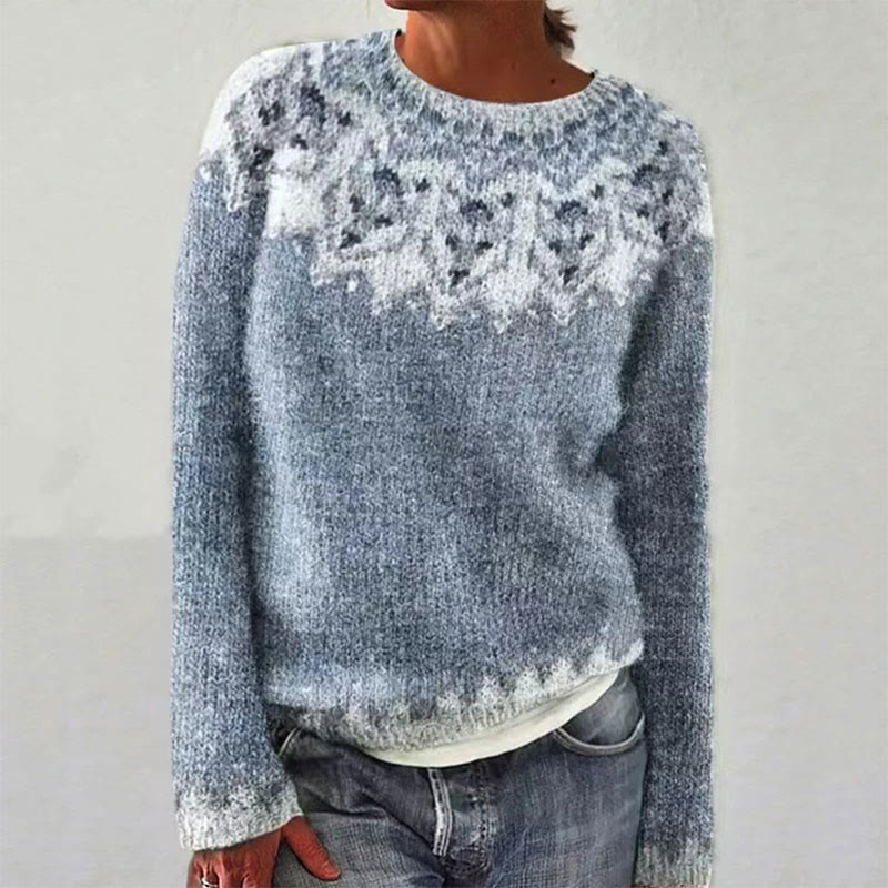 Ethnic Style Color Matching Snow Wolf Crew Neck Women's Casual Pullover Sweater - Light Gray - 5XL - image 1