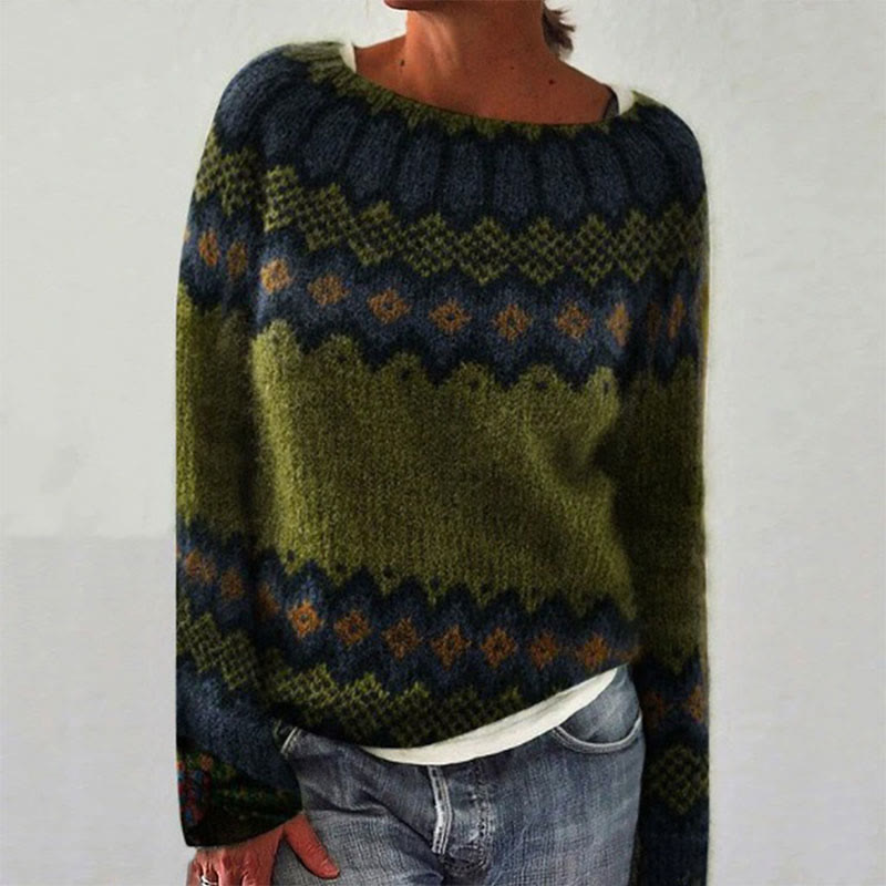 Ethnic Geometric Colorblock Crew Neck Women's Casual Pullover Sweater - Dark Green - 5XL - image 1