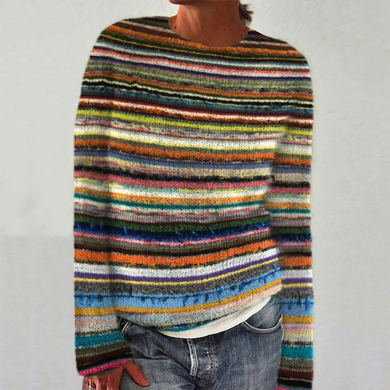 Multicolor Stripe Crew Neck Women's Casual Sweater - Multicolor - 5XL - image 1