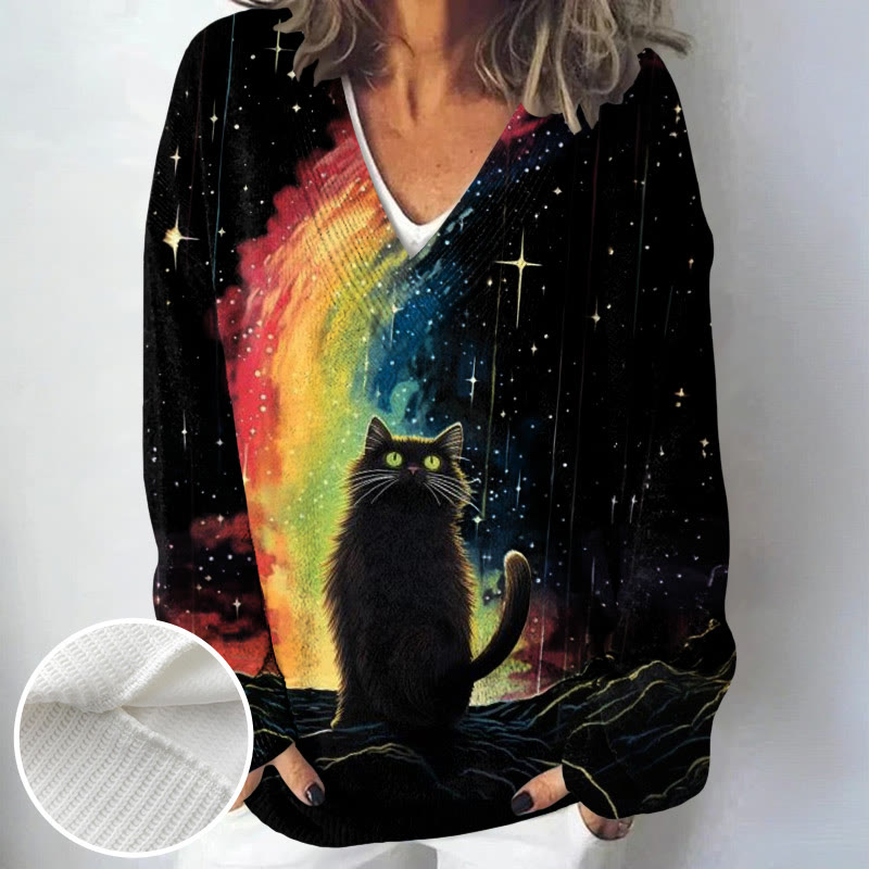 Women's Black Cat Under Rainbow And Stars Print Causal V-neck Pullover Sweater - Black - 4XL - image 1