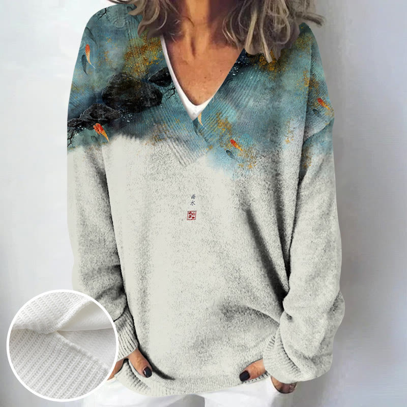 Women's Japanese Goldfish Contrasting Print Causal V-neck Pullover Sweater - Lake Blue - 4XL - image 1