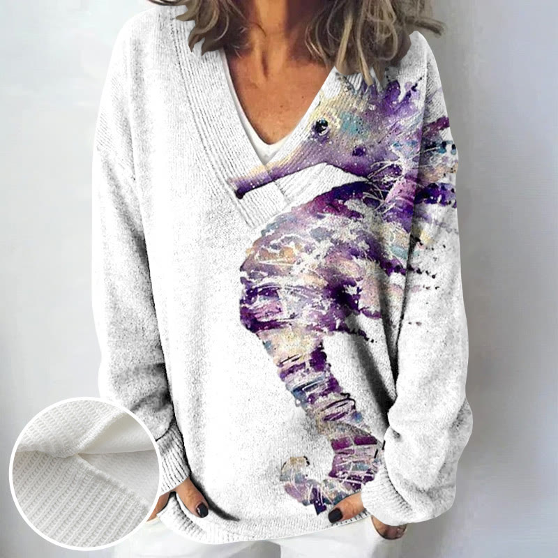 Women's Watercolor Sfumato Seahorse Asymmetrical Print Causal V-neck Pullover Sweater - Purple - 4XL - image 1