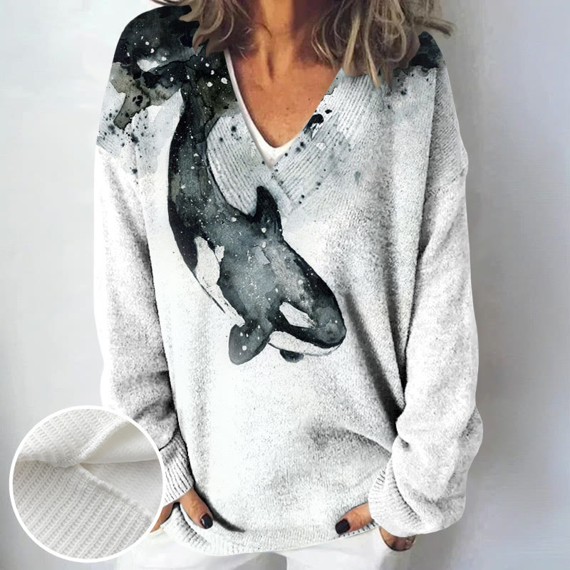 Women's Watercolor Killer Whale Print Causal V-neck Pullover Sweater - Grey - 4XL - image 1