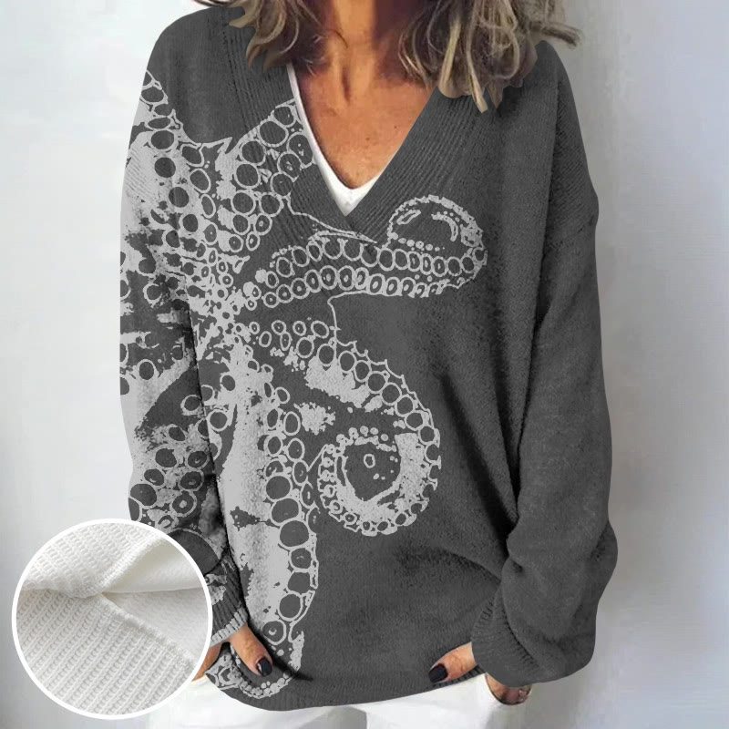 Women's Octopus Asymmetric Print Causal V-neck Pullover Sweater - Grey - 4XL - image 1