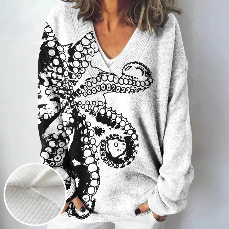 Women's Octopus Asymmetric Print Causal V-neck Pullover Sweater - White - 4XL - image 2