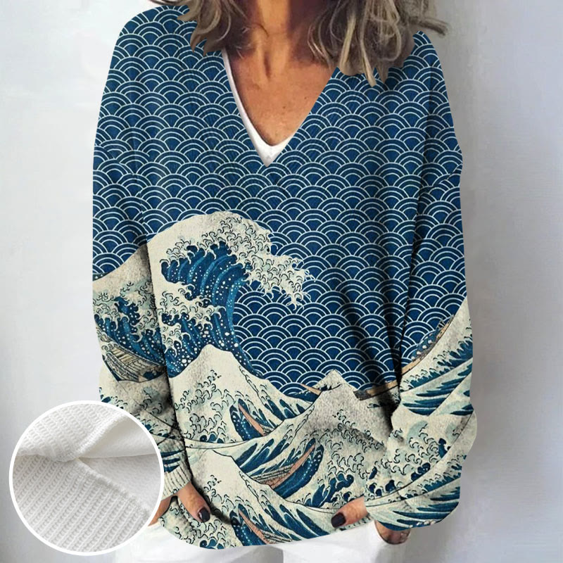 Women's The Great Wave Off Kanagawa Inspired Japanese Art Print Causal V-neck Pullover Sweater - Blue - 4XL - image 1