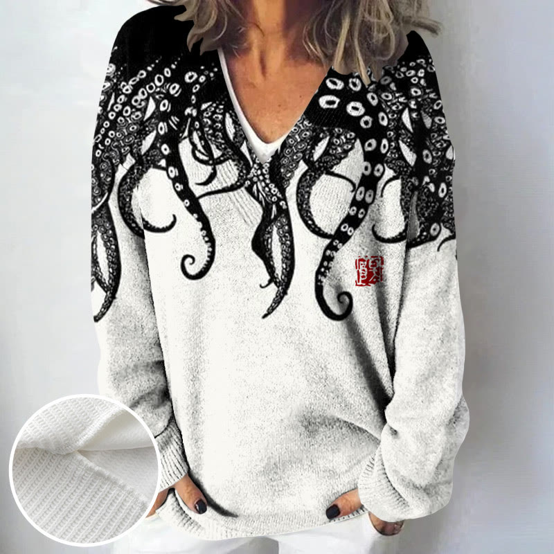 Women's Octopus Tentacles Contrasting Print Causal V-neck Pullover Sweater - Black - 4XL - image 1