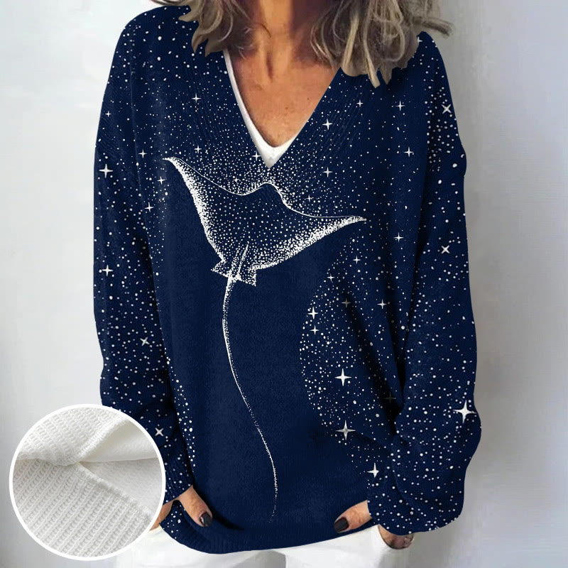 Women's Starry Spotted Eagle Rays Print Causal V-neck Pullover Sweater - Blue - 4XL - image 1