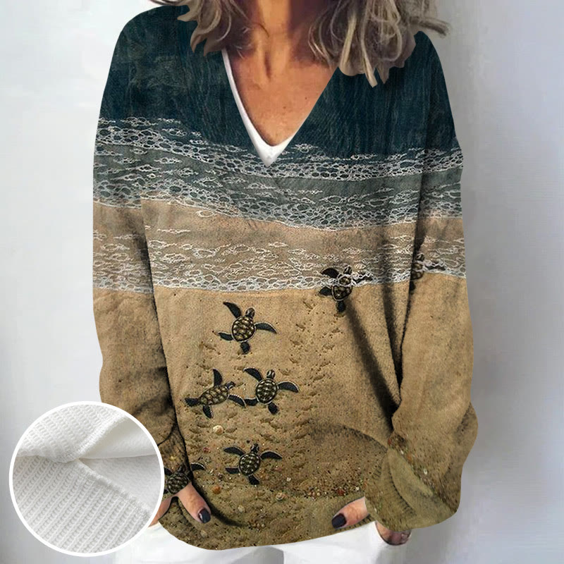 Women's Baby Sea Turtles Beach Fiber Art Print Causal V-neck Pullover Sweater - Dark Green - 4XL - image 1