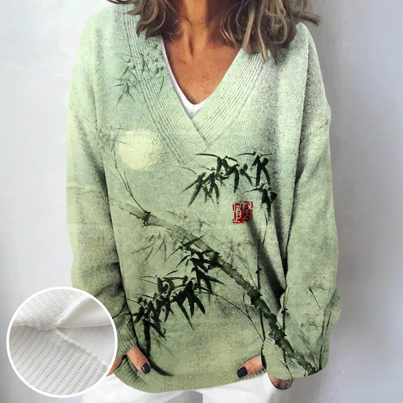 Women's Bamboo Forest Full Moon Night Japanese Art Print Causal V-neck Pullover Sweater - Green - 4XL - image 1