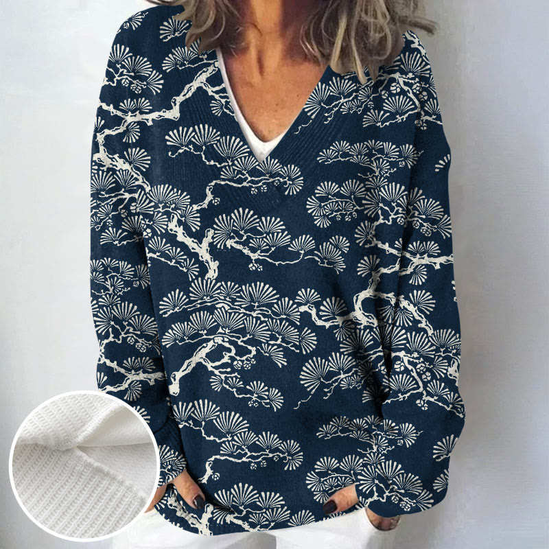 Women's Pine Trees Japanese Lino Art Print Causal V-neck Pullover Sweater - Blue - 4XL - image 1