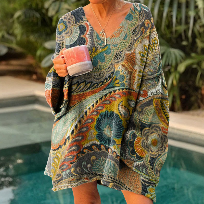 Women's Retro Paisley Print Causal V-neck Pullover Sweater - Grey - 4XL - image 1