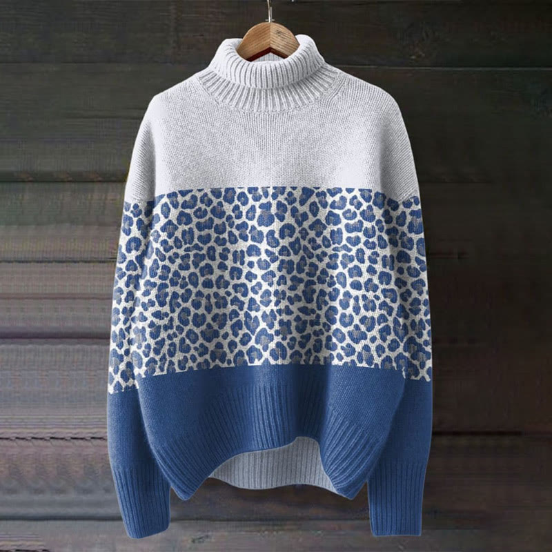 Contrast Small Florals Art Print Turtleneck Pullover Sweater - Blue - 4XL - image 1