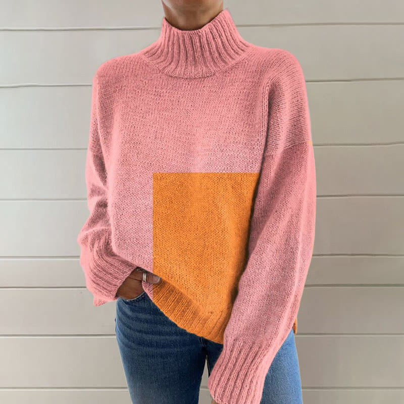 Abstract Geometric Art Print Turtleneck Pullover Sweater - Pink - 4XL - image 1