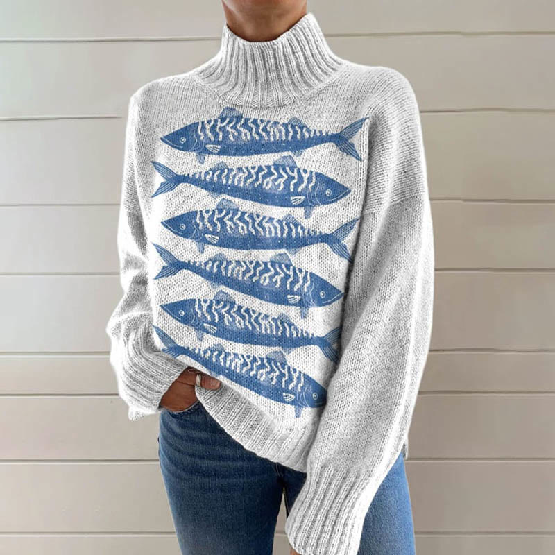 Blue Fish Decorative Pattern Print Turtleneck Pullover Sweater - Blue - 4XL - image 1