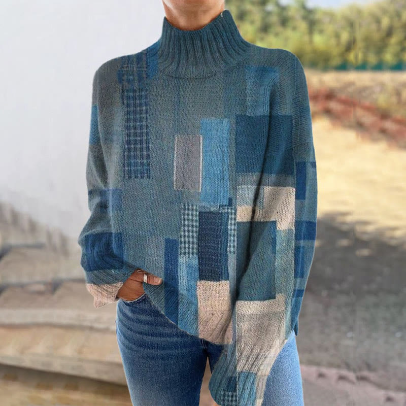 Jazz Music Colorblocks Art Print Turtleneck Pullover Sweater - Blue - 4XL - image 1