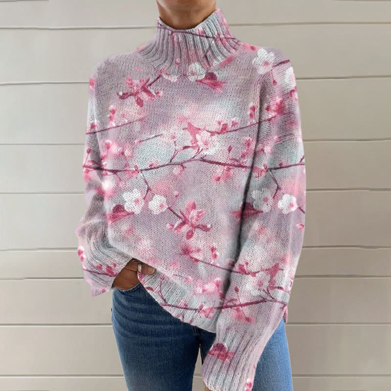 Pink Peach Blossoms Print Turtleneck Pullover Sweater - Pink - 4XL - image 1