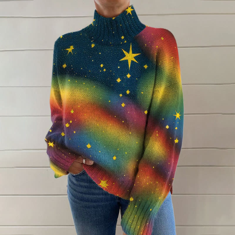 Retro Rainbow And Stars Decorative Pattern Print Turtleneck Pullover Sweater - Multicolor - 4XL - image 1