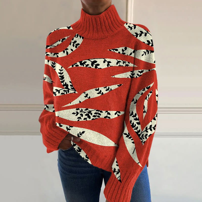Vintage Botanical Art Print Turtleneck Pullover Sweater - Red - 4XL - image 1