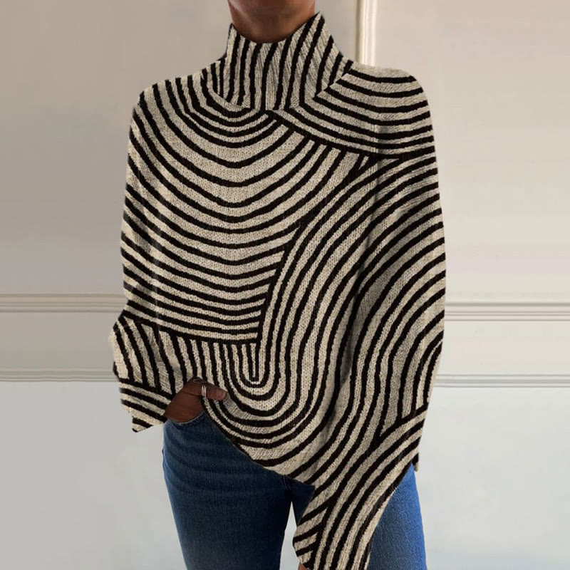 Vintage Hand Drawn Line Pattern Print Turtleneck Pullover Sweater - Black - 4XL - image 1