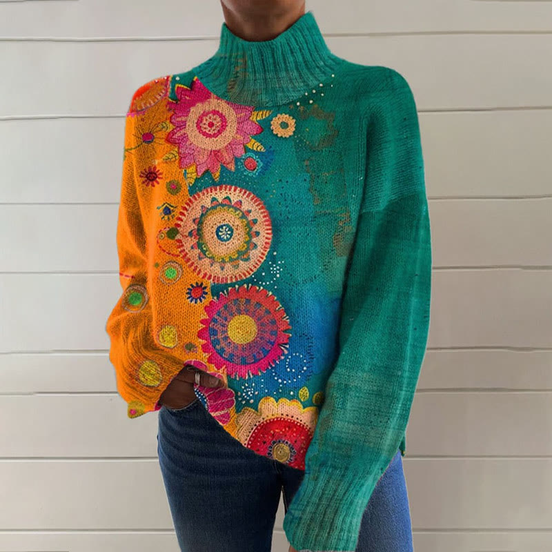 Vintage Love And Peace Flower Art  Print Turtleneck Pullover Sweater - Green - 4XL - image 1