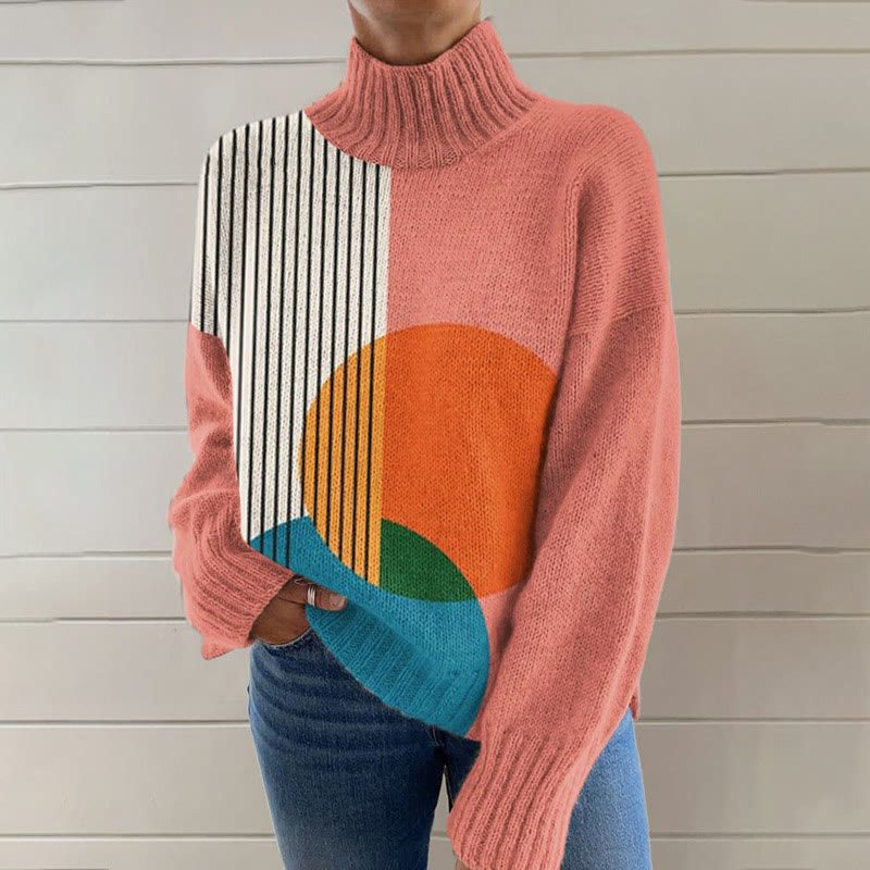 Abstract Geometric Circle Art Print Turtleneck Pullover Sweater - Multicolor - 4XL - image 1