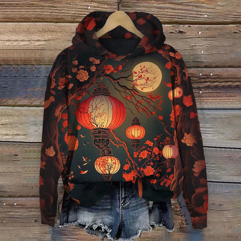 Vintage Floral Lantern Art Print Long Sleeve Hoodie - Red - 8XL - image 1