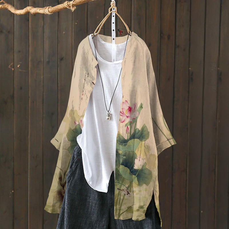 Women's Japanese Vintage Lotus Art Printed Casual Cardigan - Apricot - 6XL - image 1