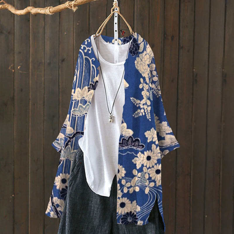 Women's Retro Sketching Floral Art Printed Casual Cardigan - Blue - 6XL - image 1