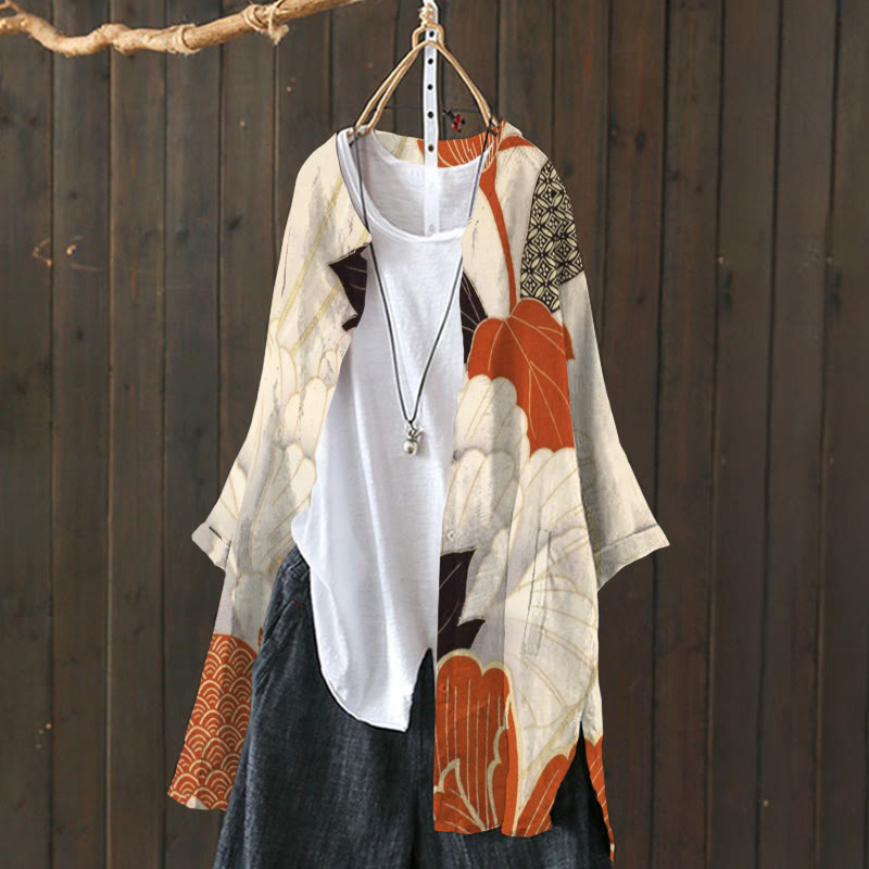 Women's Japanese Colored Leaves Art Printed Cardigan - Multicolor - 6XL - image 1