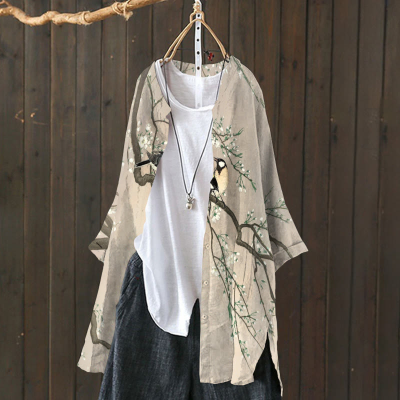 Women's Lovely Lark On Pear Tree Art Printed Casual Cardigan - Apricot - 6XL - image 1