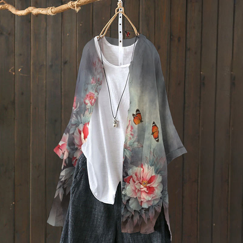 Women's Vivid Rose Blossom And Butterfly Art Print Casual Cardigan - Grey - 6XL - image 1