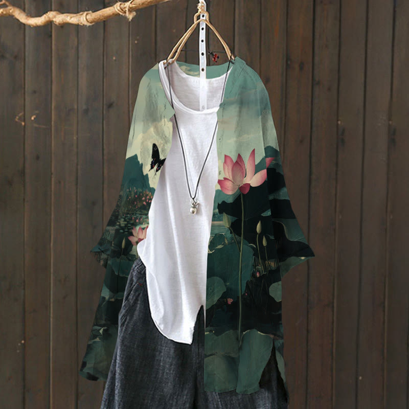 Women's Lovely Butterfly With Lotus Pond Print Casual Cardigan - Dark Green - 6XL - image 1