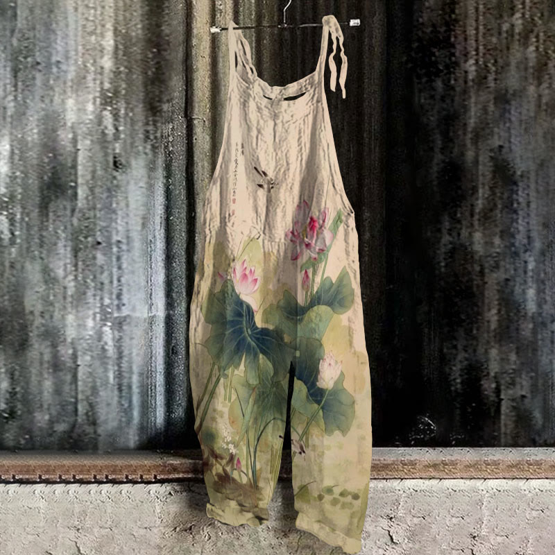 Women's Japanese Vintage Lotus Art Print Casual Jumpsuit  - Apricot - 5XL - image 1