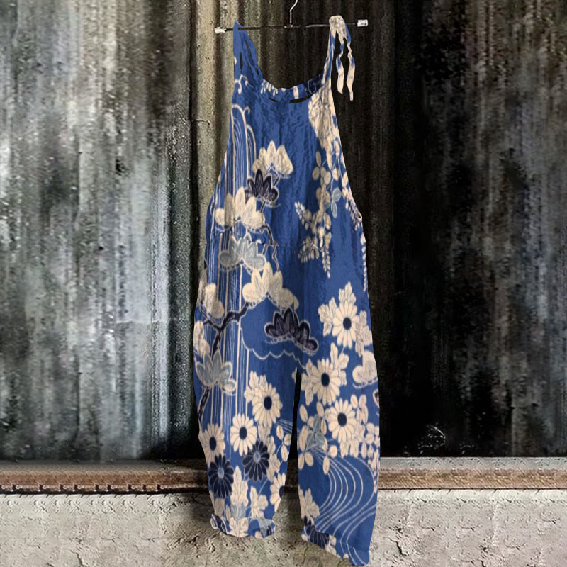 Women's Retro Sketching Floral Art Print Casual Jumpsuit  - Blue - 5XL - image 1