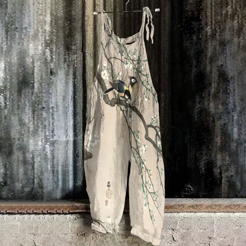 Women's Lovely Lark On Pear Tree Art Print Casual Jumpsuit  - Apricot - 5XL - image 1