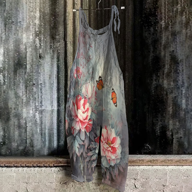 Women's Vivid Rose Blossom And Butterfly Art Print Casual Jumpsuit  - Grey - 5XL - image 1