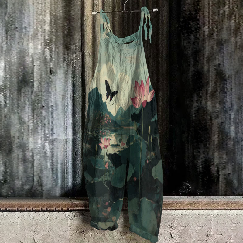 Women's Lovely Butterfly With Lotus Pond Art Print Casual Jumpsuit  - Dark Green - 5XL - image 1