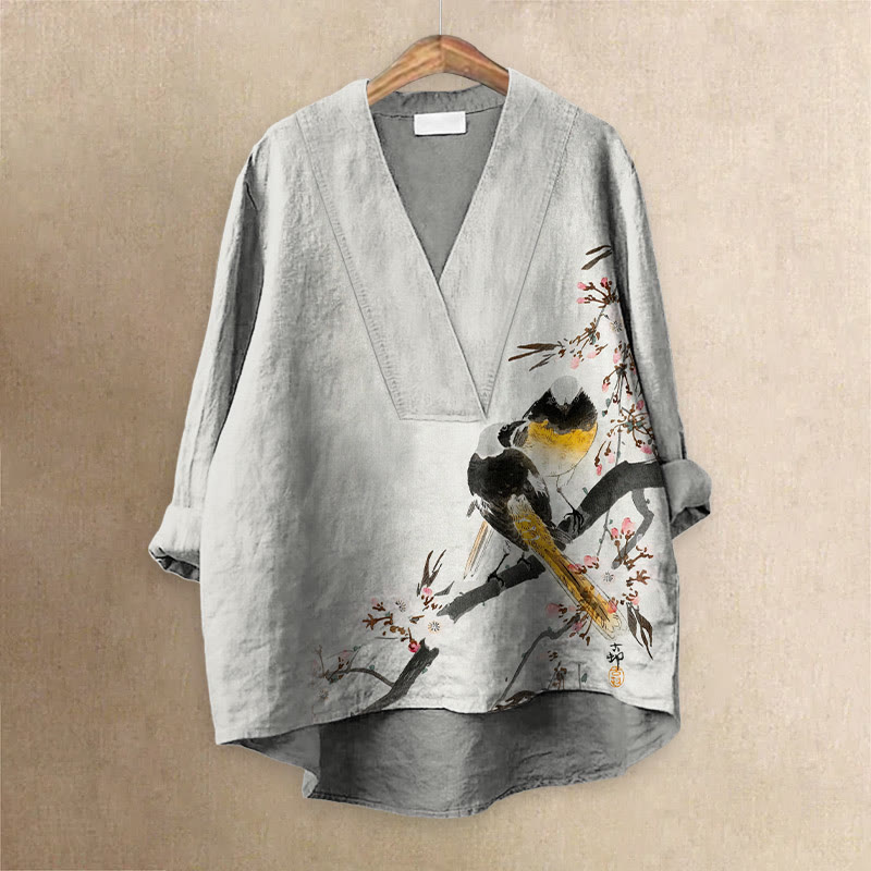 Women's Japanese Birds Playing On The Branch Printed Casual V-neck Blouse - Light Gray - 6XL - image 1