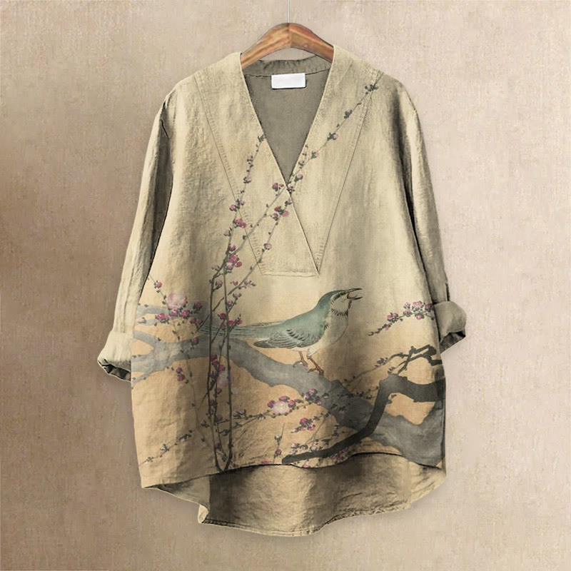 Women's Japanese Lark Chirping On Peach Blossom Printed Casual V-neck Blouse - Khaki - 6XL - image 1