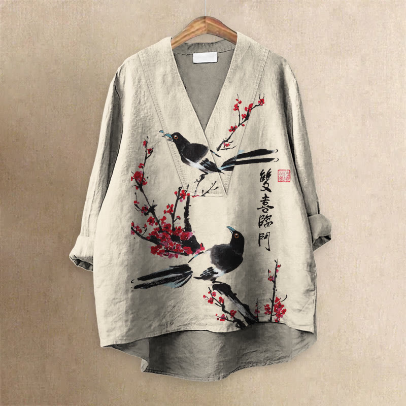Women's Japanese Magpie Double Happiness Art Printed Casual V-neck Blouse - Apricot - 6XL - image 1