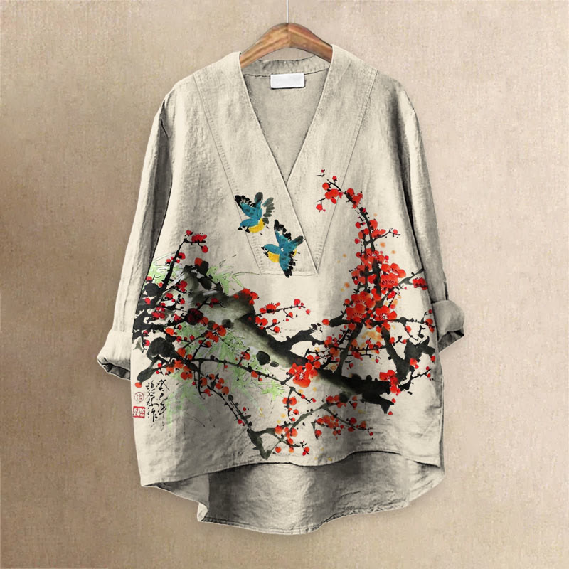 Women's Japanese Lovely Magpie & Chimonanthus Art Printed Casual V-neck Blouse - Apricot - 6XL - image 1