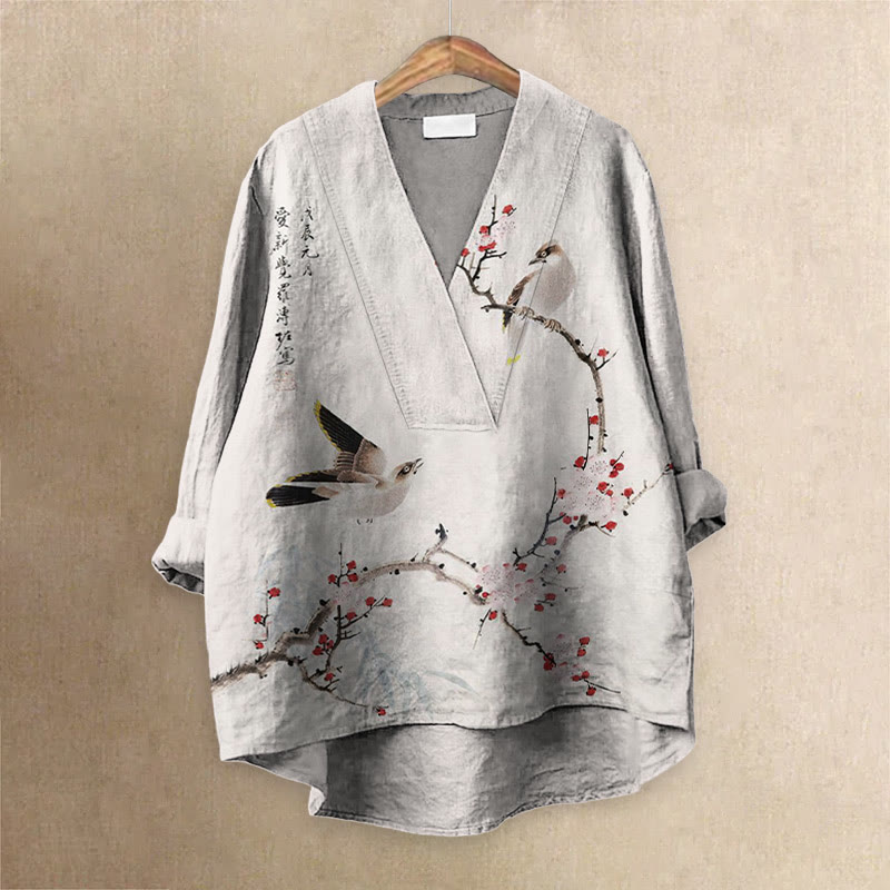Women's Japanese Cute Birds And Peach Blossom Printed Casual V-neck Blouse - White - 6XL - image 1
